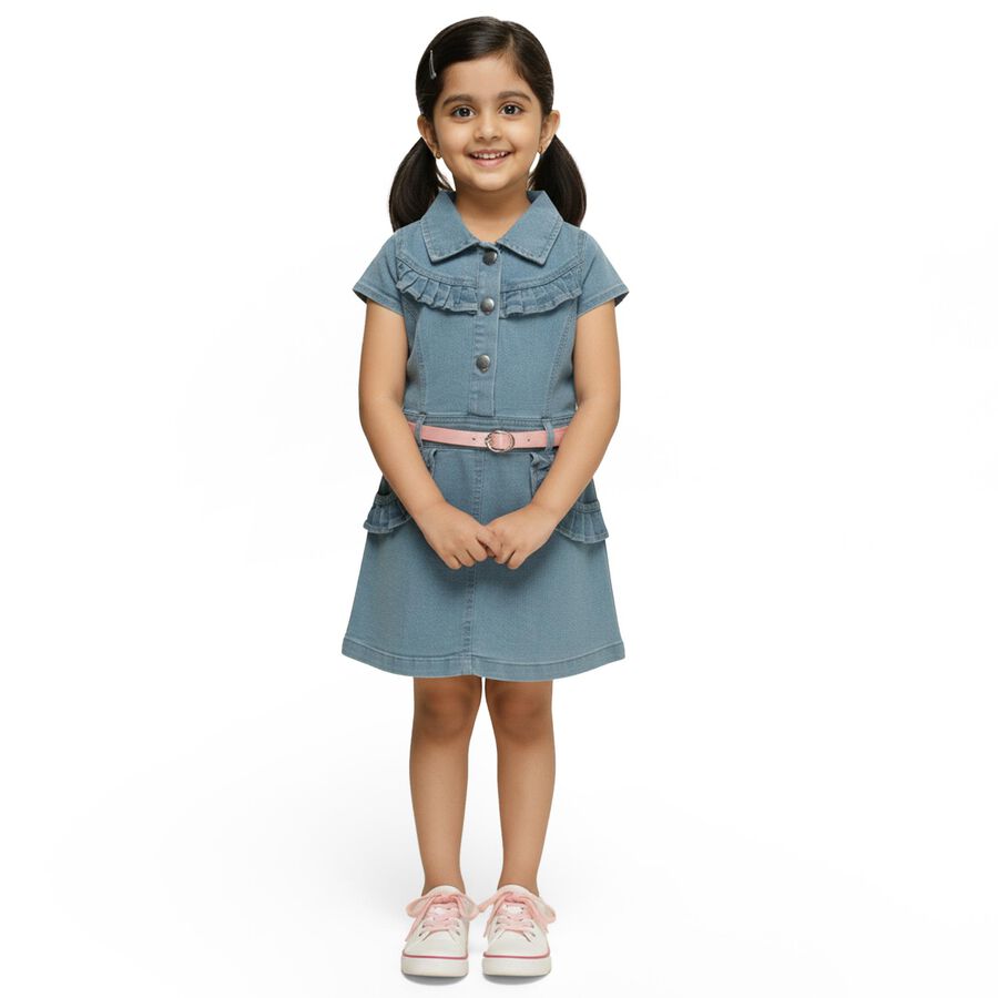 Girls' Light Denim Blue Ruffle Collared Casual Frock, Light Blue, large image number null
