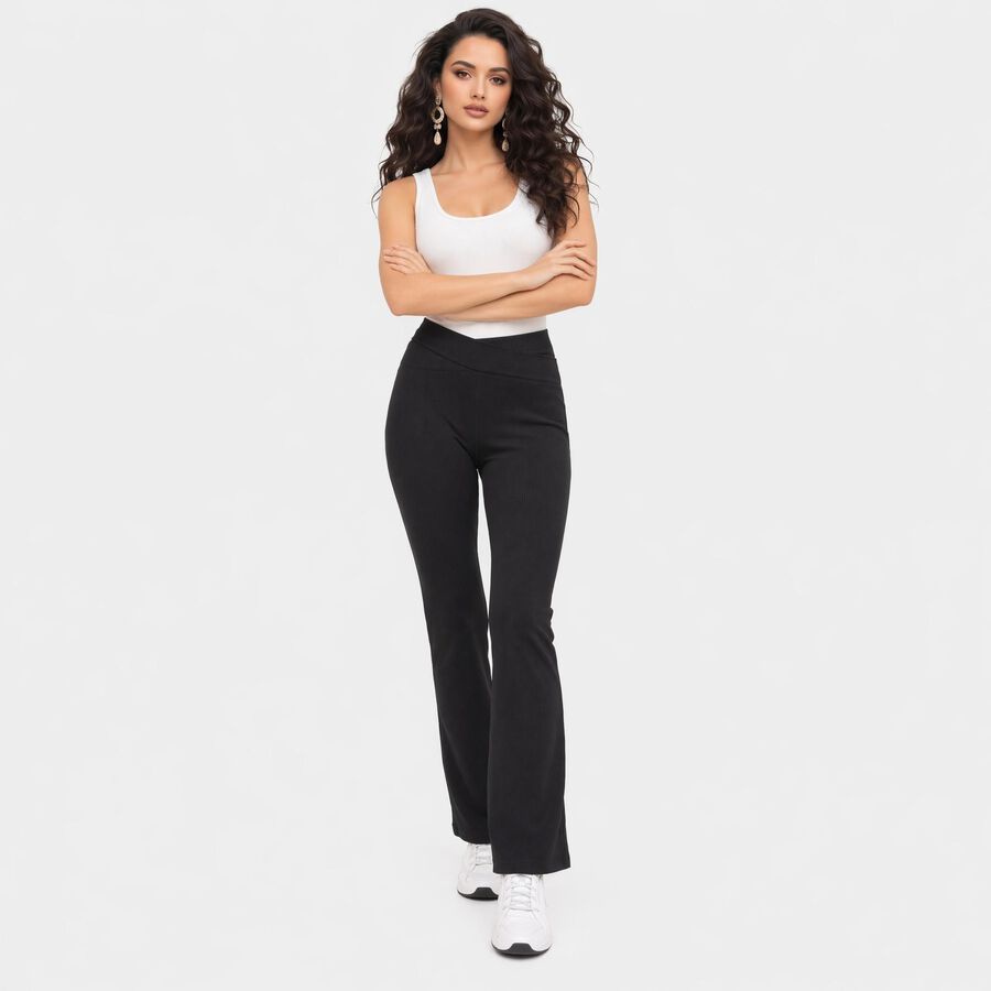 Women's Black Flared Fit Ribbed Tights, काला, large