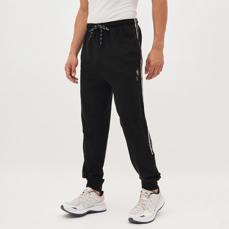 Men's Jet Black Tapered Fit Side-Striped Track Pants, Black, large image number null