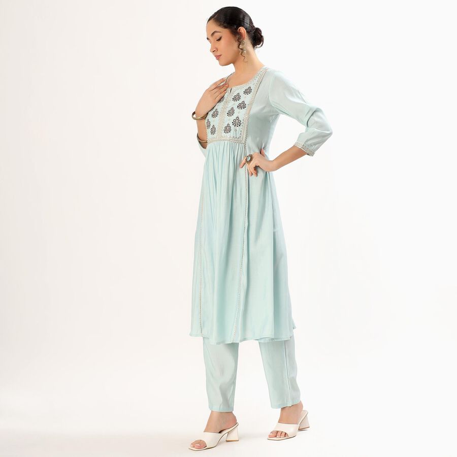Women's Soft Aqua Blue Embroidered Ethnic Set, Light Blue, large image number null