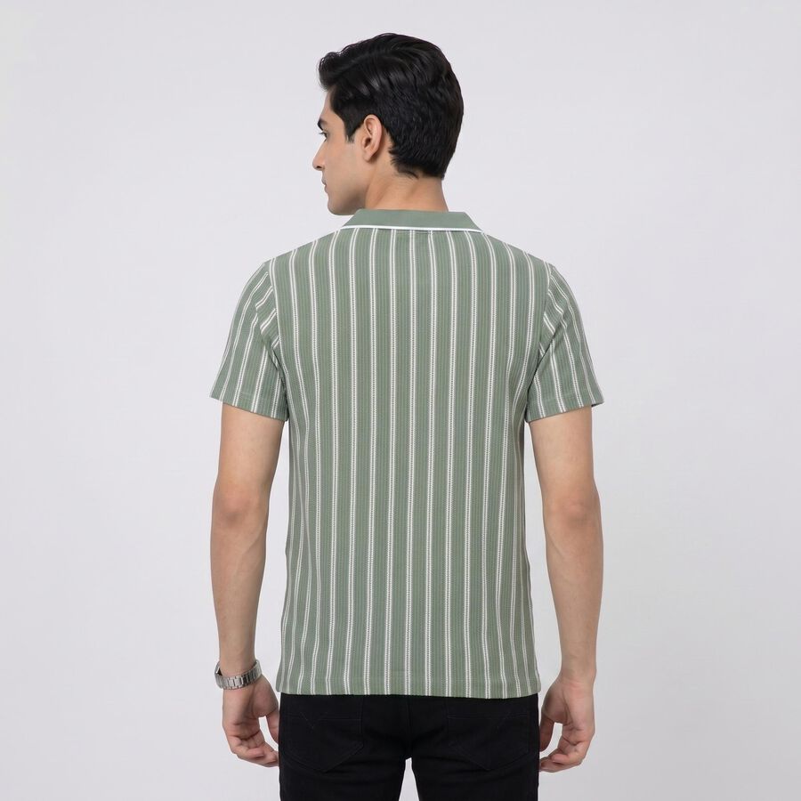 Men's Green Polo Neck Striped T-Shirt, Light Green, large