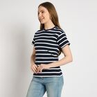 Ladies'  Stripes Round Neck T-Shirt, Navy Blue, small