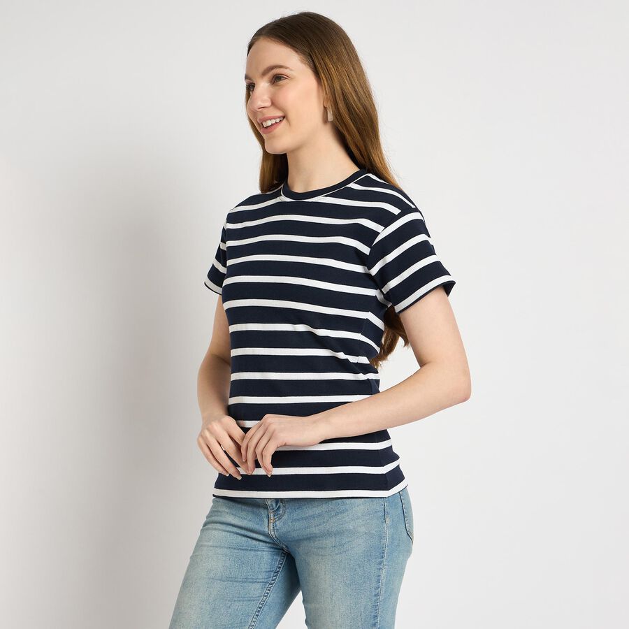 Ladies'  Stripes Round Neck T-Shirt, Navy Blue, large