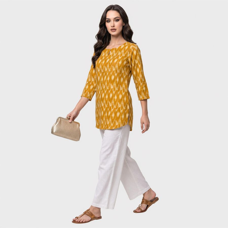 Women's Mustard Round Neck Ikat Printed Straight Kurti, मस्टर्ड, large