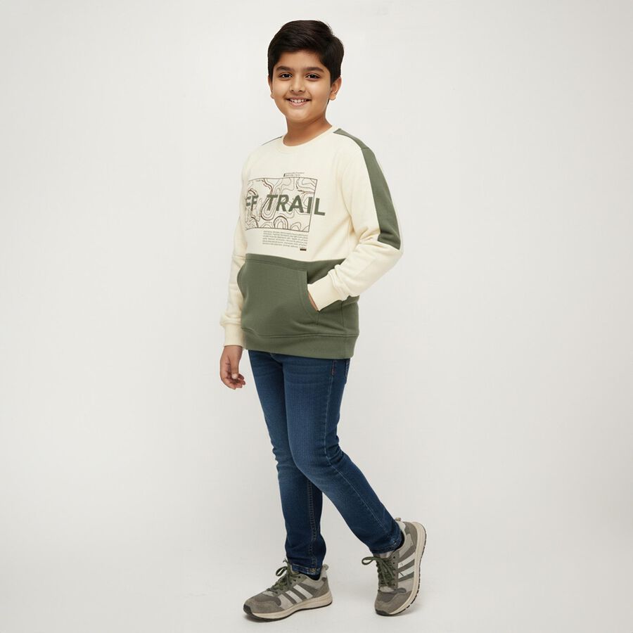 Boys Olive Green and Cream Crew Neck Casual Sweatshirt, ओलिव, large image number null
