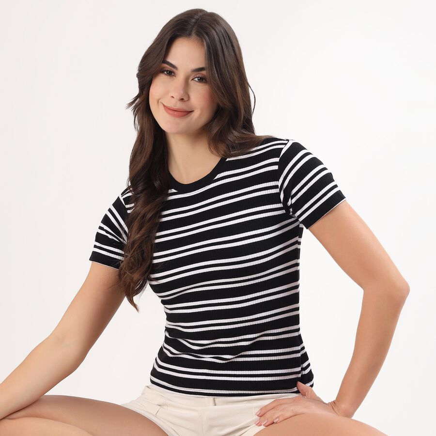 Women's Jet Black Round Neck Casual T-Shirt, Black, large