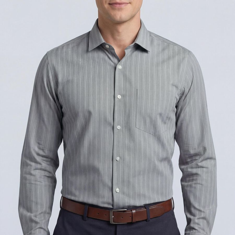 Men's Light Grey Spread Collar Formal Shirt, Light Grey, large