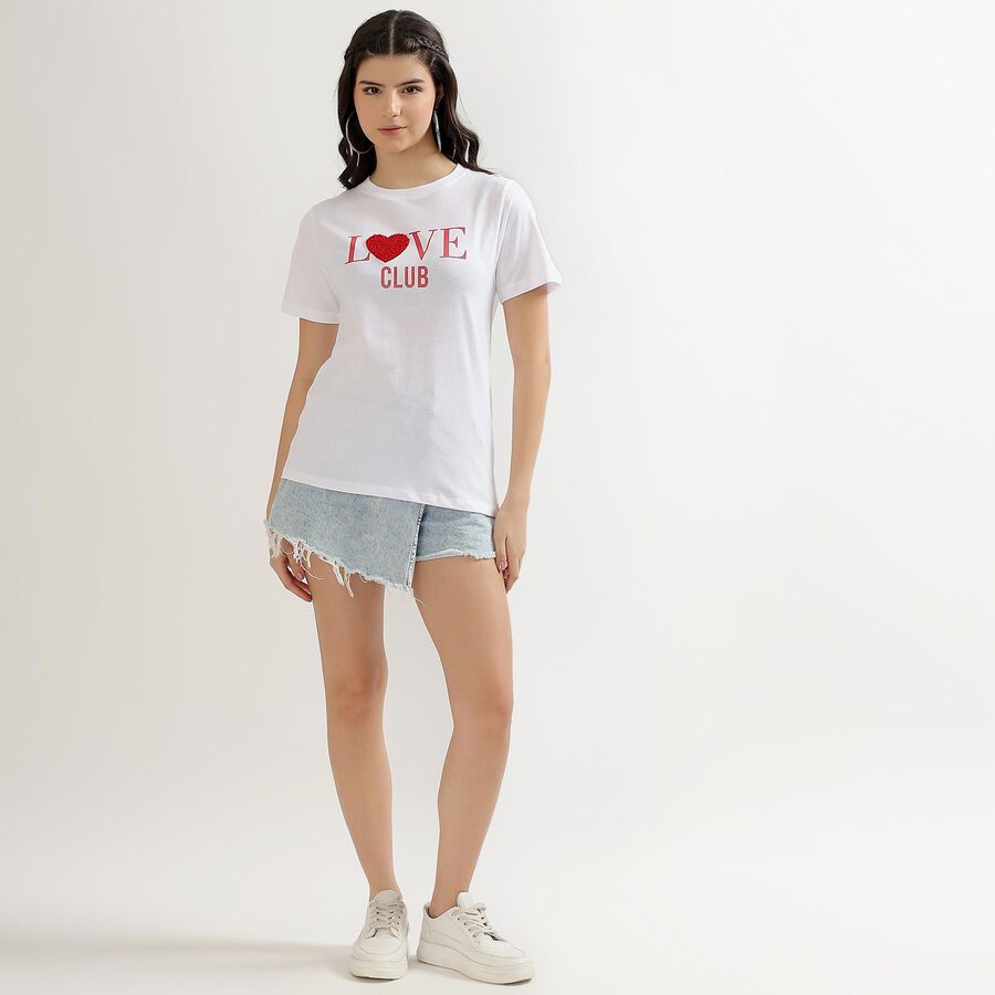 Women's Bright White Round Neck Casual T-Shirt, White, large