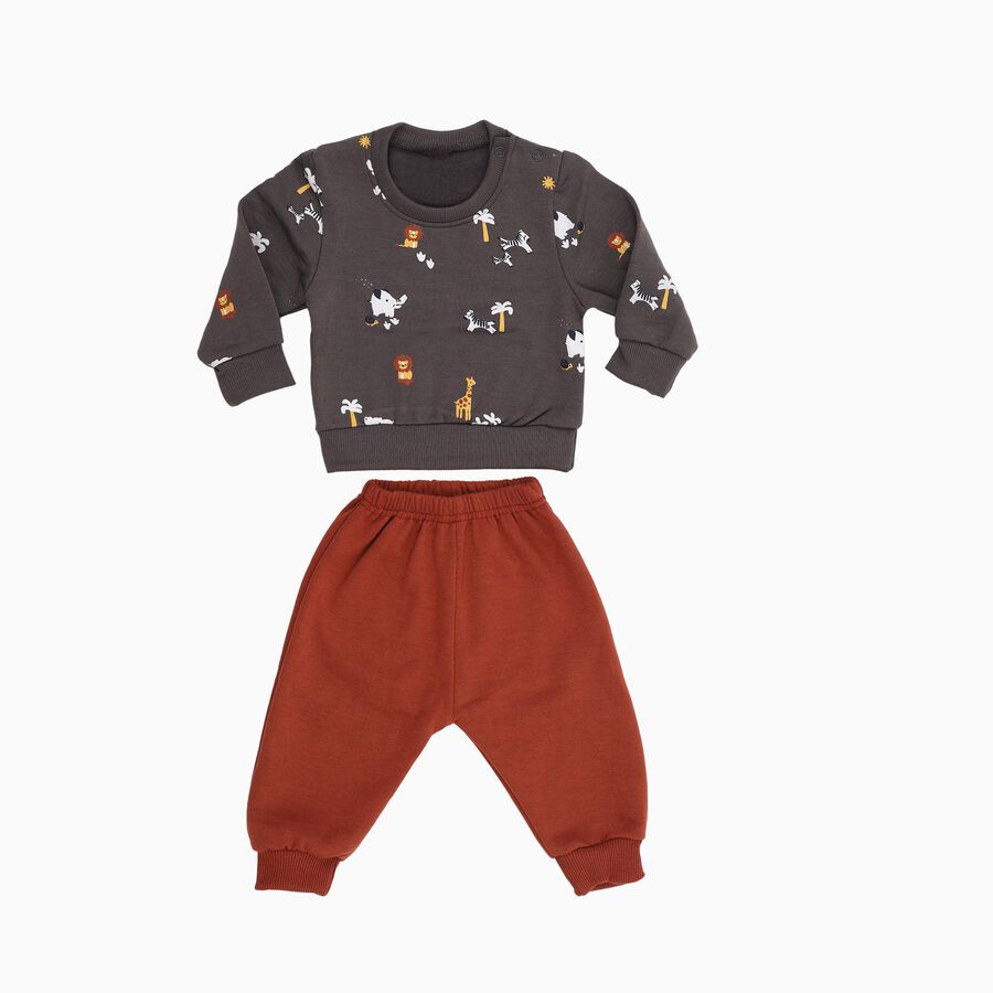 Infants' Dark Grey Round Neck Animal Print Baba Suit, Dark Grey, large image number null