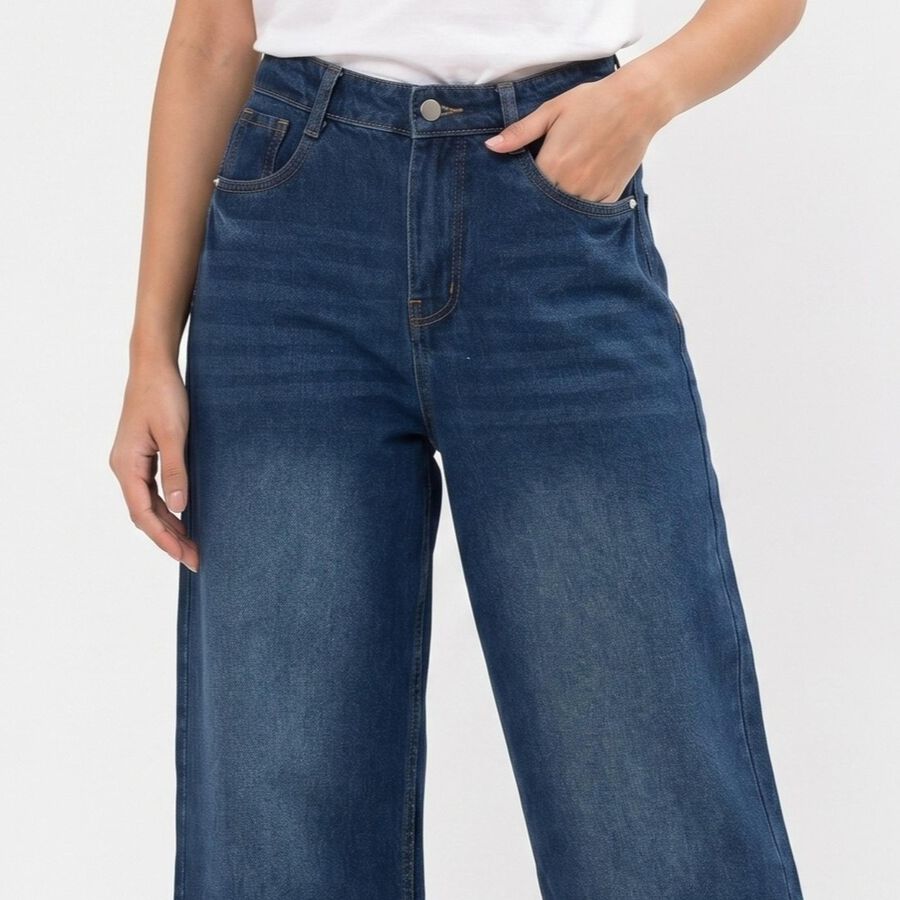 Women's Blue Wide Leg Fit Washed Jeans, Mid Blue, large
