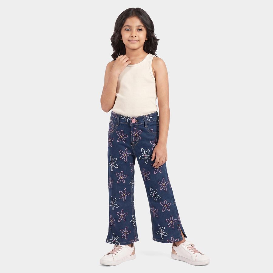 Girls' Navy Blue Straight Fit Floral Printed Jeans, मध्यम नीला, large