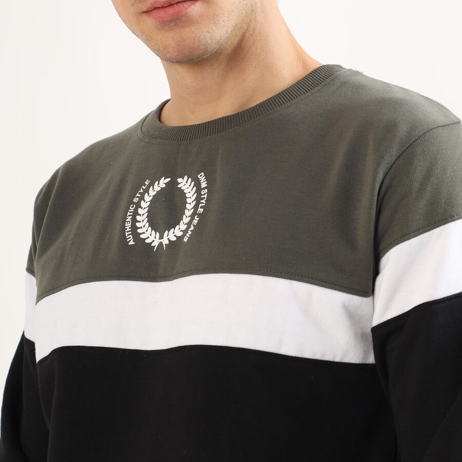 Men's Olive Green and Black Crew Neck Casual Sweatshirt, Dark Green, large image number null