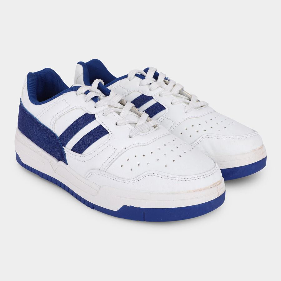 Men's Bright White and Deep Royal Blue Lace-Up Casual Sneakers, Blue, large