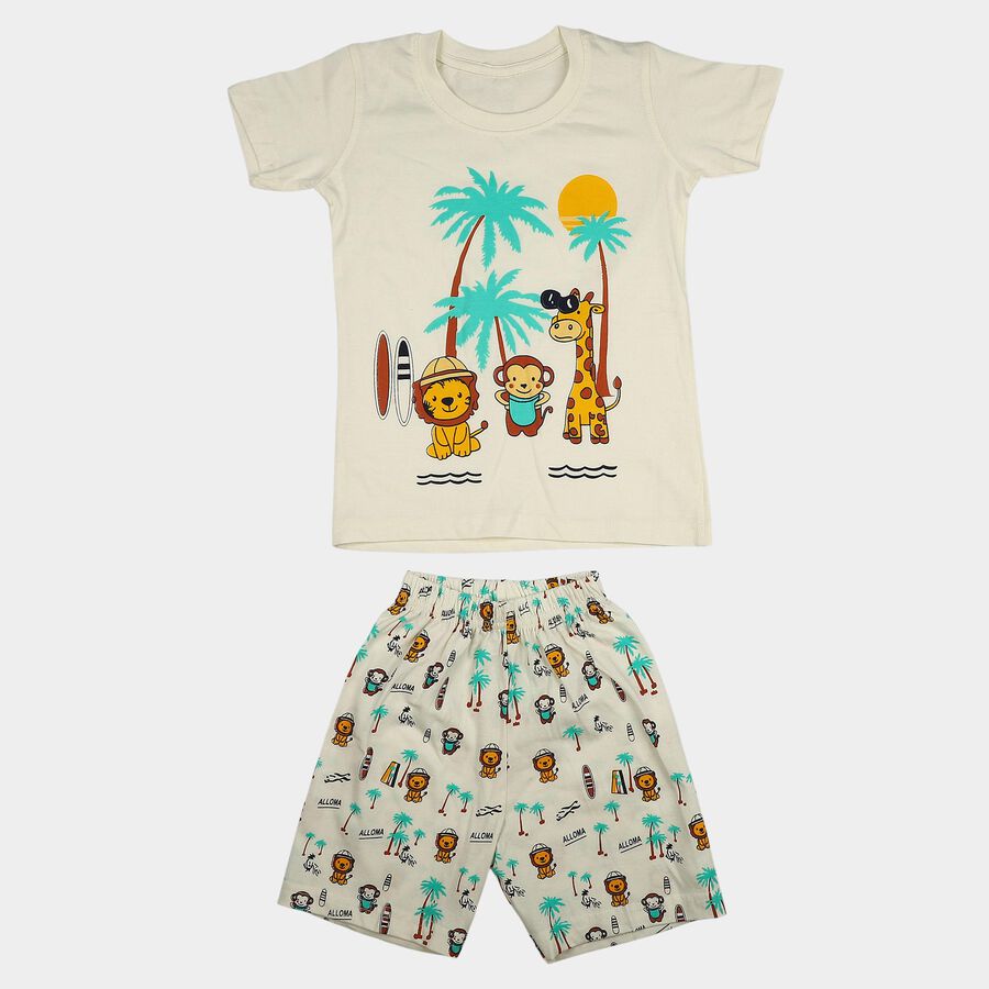 Boys' Off White 100% Cotton Round Neck Graphic Print Baba Suit, Off White, large