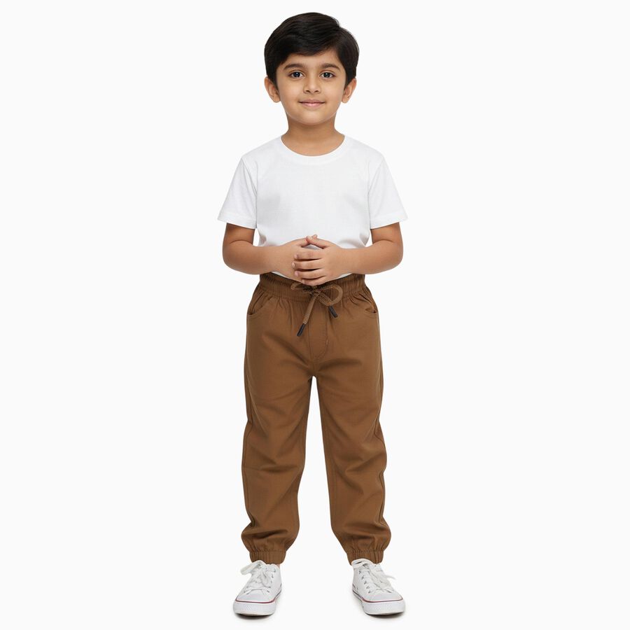 Boys' Light Beige Regular Fit Cotton Trousers, खाकी, large