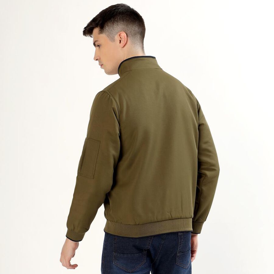Men's Muted Olive Green High Neck Casual Bomber Jacket, Khaki, large image number null