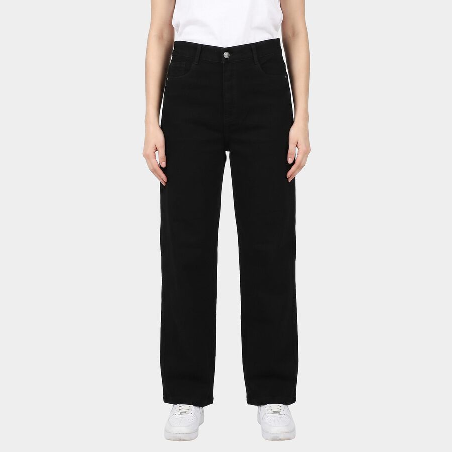 Women's Black Straight Fit Solid Jeans, काला, large