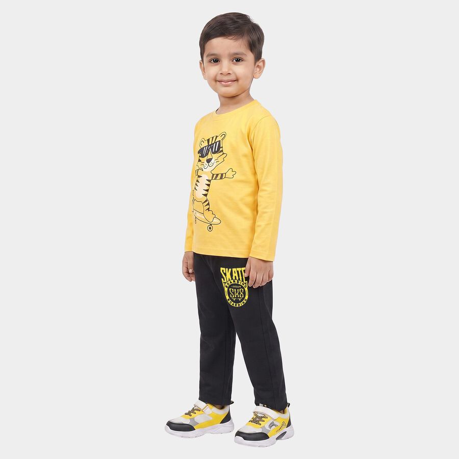 Boys Yellow Round Neck Graphic Print Baba Suit, Yellow, large