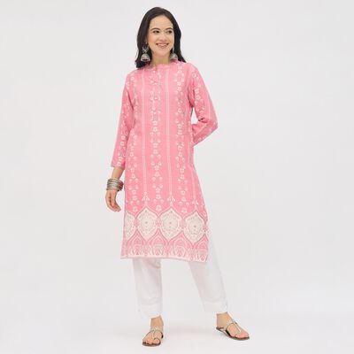 Ladies' Bright Rose Pink Round Neck Placement Printed Kurta