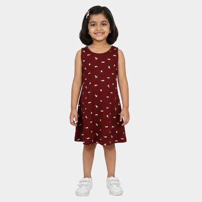 Girls' Wine A-Line Bunny Printed Sleeveless Frock