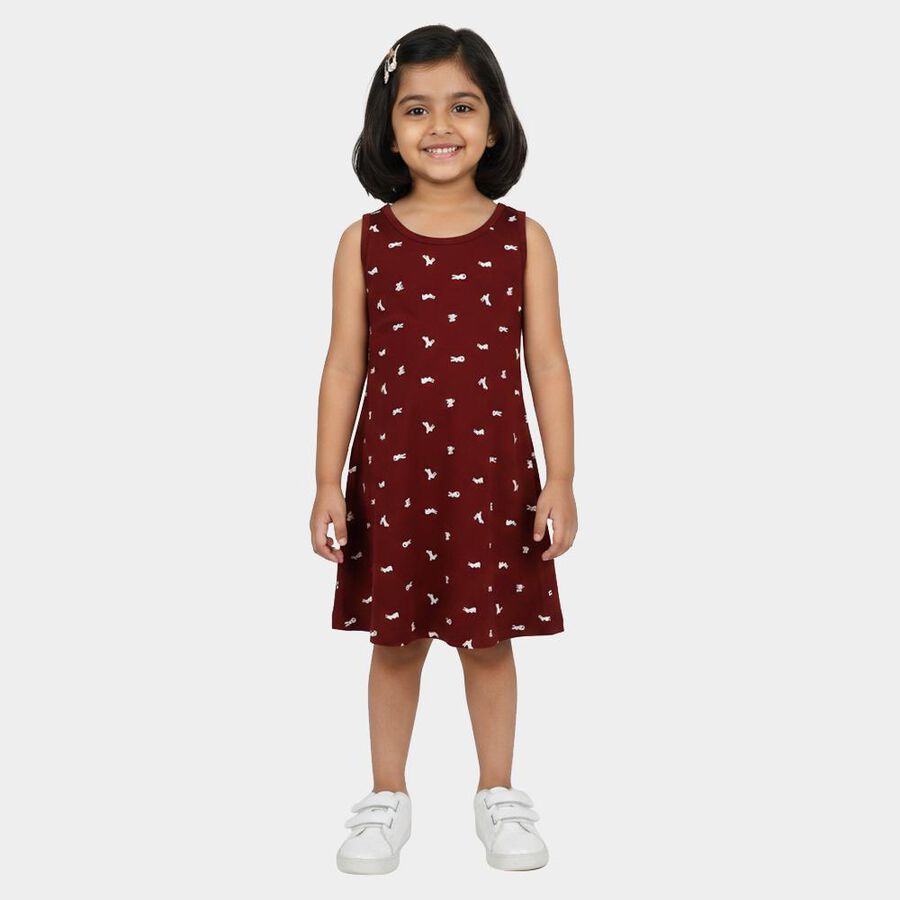 Girls' Wine A-Line Bunny Printed Sleeveless Frock, Wine, large