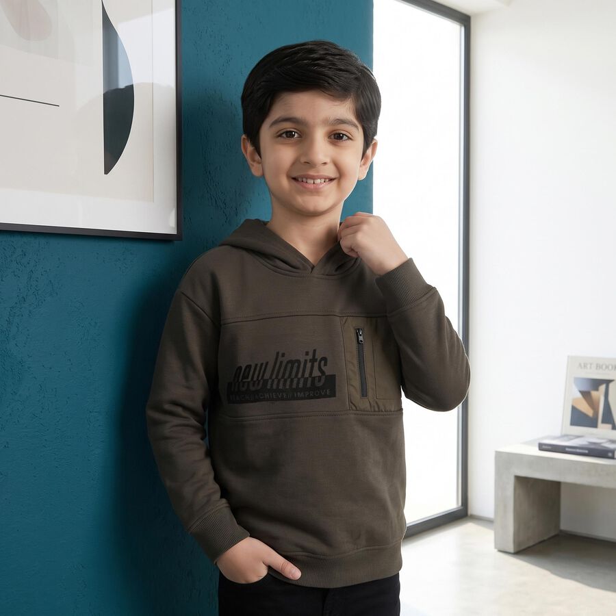 Boys' Charcoal Hoodie Neck Graphic Print Sweatshirt, Charcoal, large