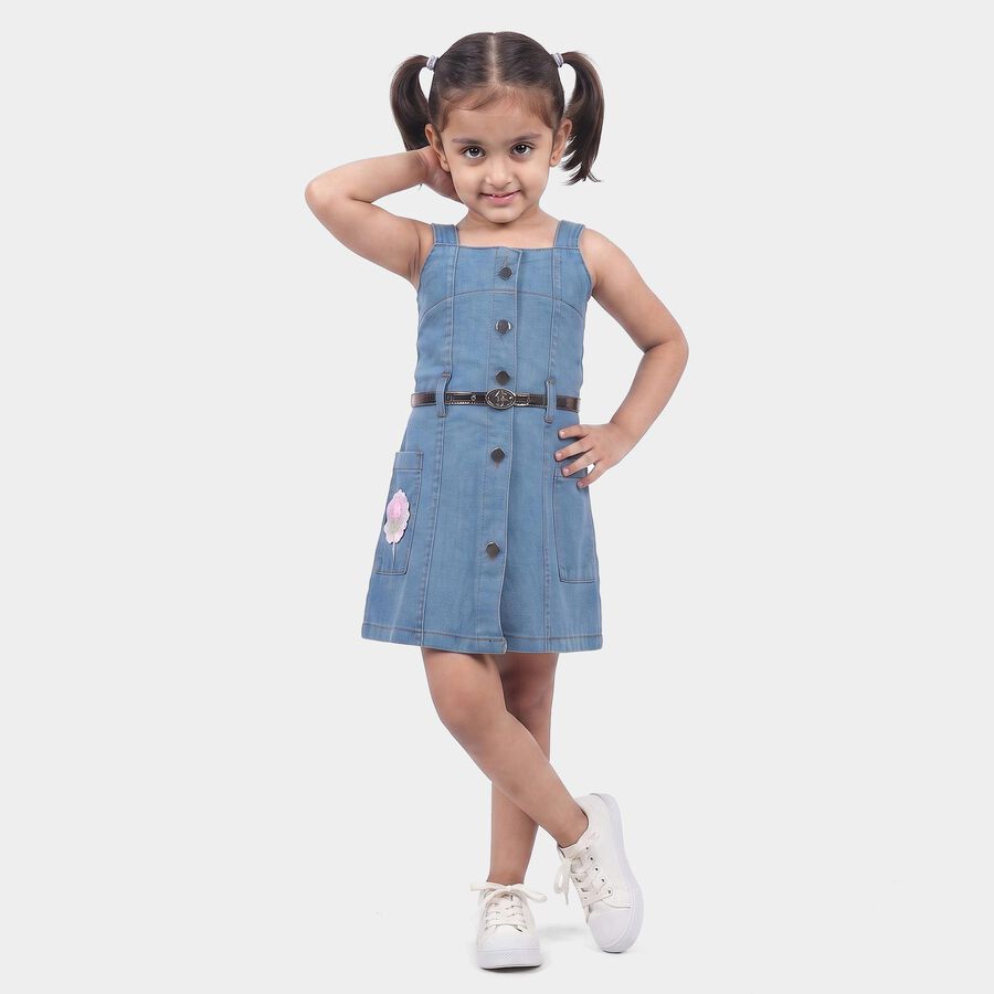 Girls' Blue A-Line Button Front Belted Frock, मध्यम नीला, large
