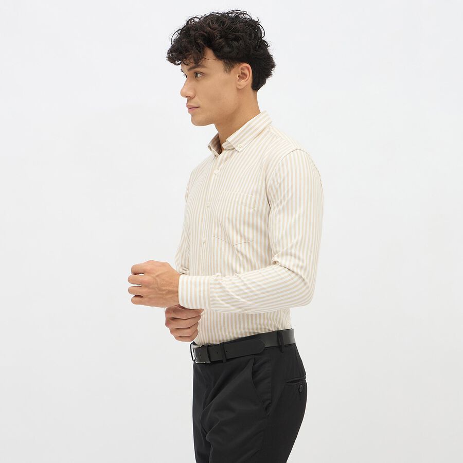 Men's Beige and White Button Down Classic Formal Shirt, गहरा पीला, large image number null
