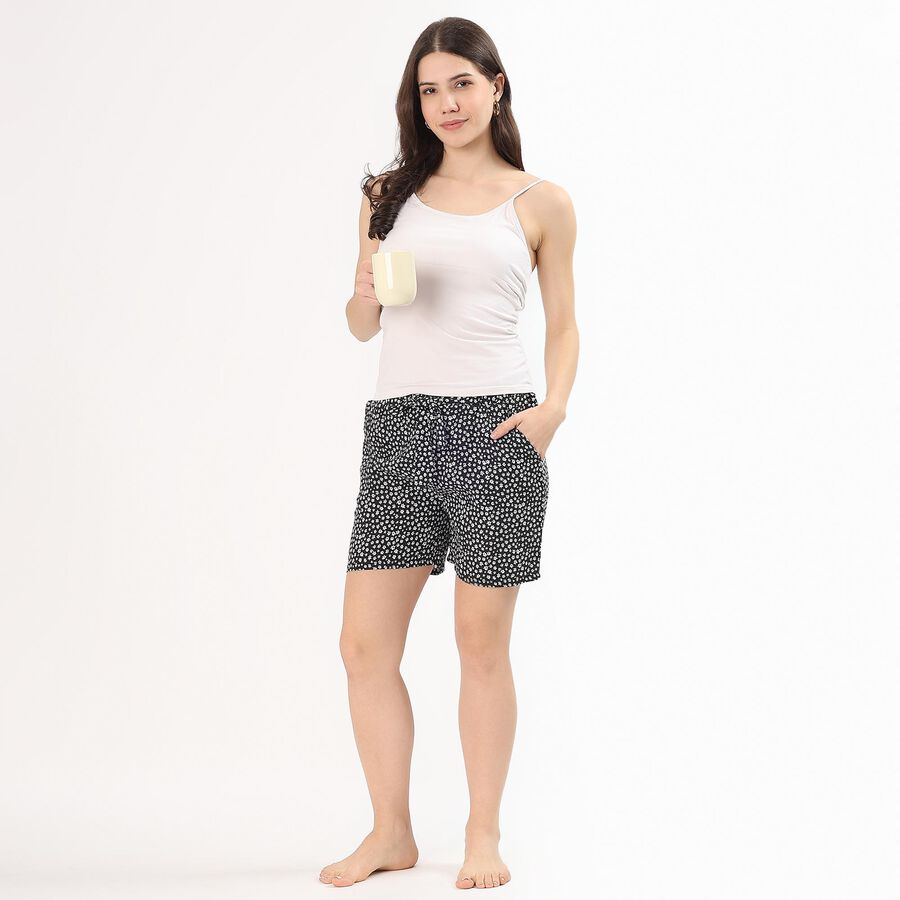 Women's Black Floral Elastic Waist Shorts, काला, large