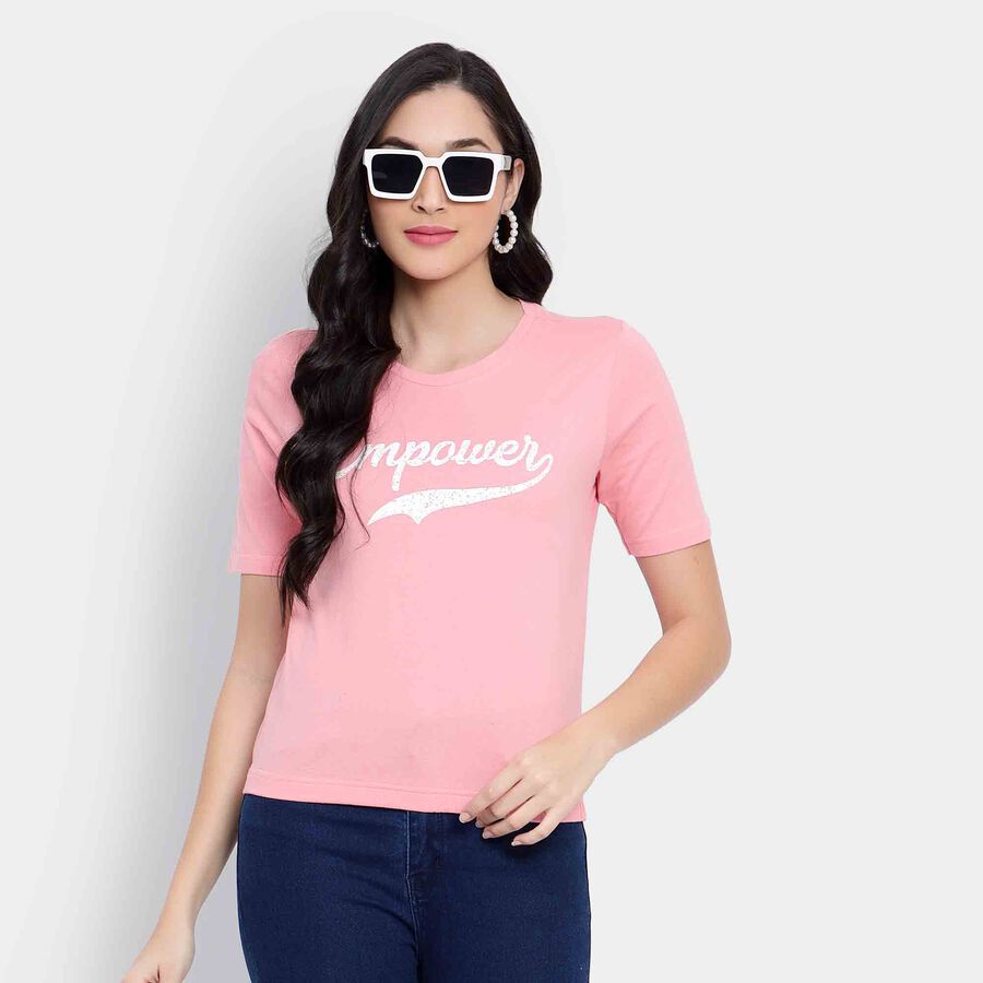 Cotton Round Neck T-Shirt, Pink, large image number null