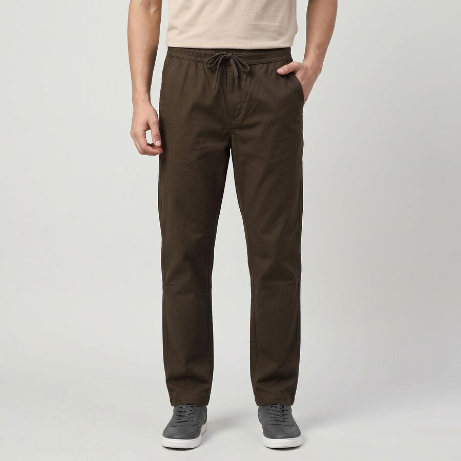 Men's Olive Green Slim Fit Drawstring Chino Trousers, ओलिव, large