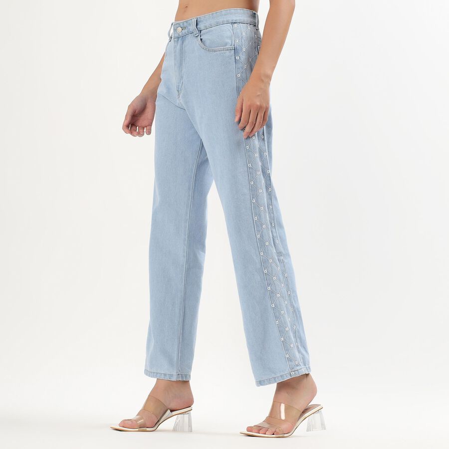 Women's Light Powder Blue Straight Fit Embroidered Jeans, Mid Blue, large image number null