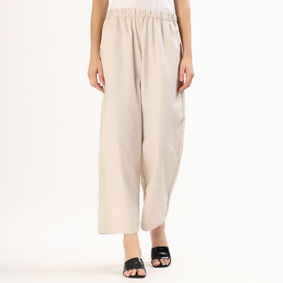 Women's Soft Beige Relaxed Fit Crochet Trim Palazzos, Beige, large image number null