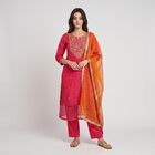 Women's Fuchsia Notch Neck Embroidered Kurta, रानी (फ्यूशिया), small