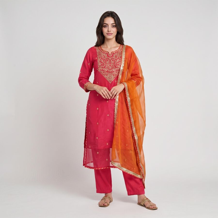 Women's Fuchsia Notch Neck Embroidered Kurta, रानी (फ्यूशिया), large