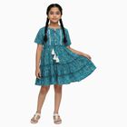 Girls' Bright Floral Sleeveless Casual Dress, टील ब्लू, small