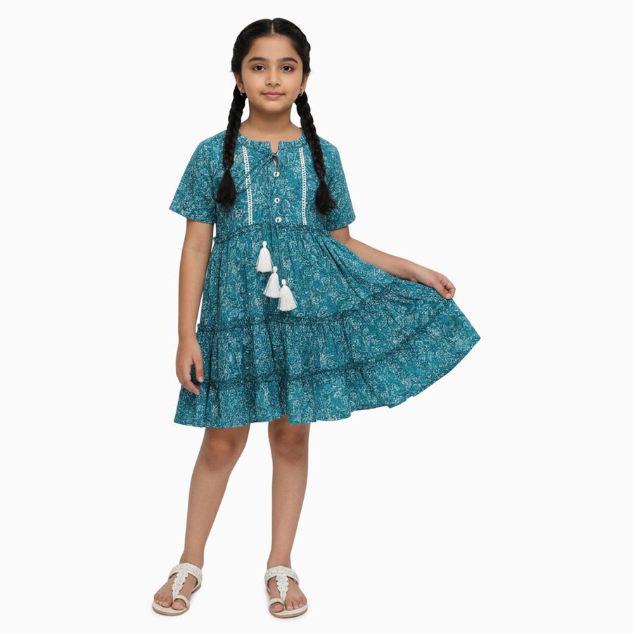 Girls' Bright Floral Sleeveless Casual Dress, टील ब्लू, large