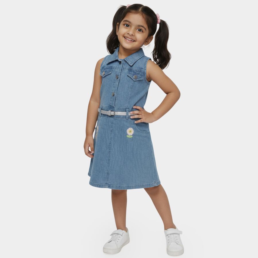 Girls' Blue Regular Fit Floral Patched Sleeveless Denim Frock, Light Blue, large