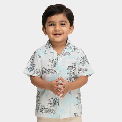 Boys Rich Eggshell White Cotton Half Sleeve Cuban Collar Casual Shirt