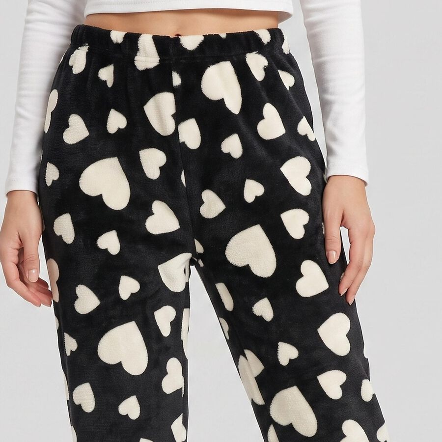 Women's Black Straight Fit Heart Pyjama, Black, large