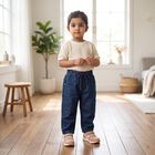 Girls' Navy Blue Cargo Fit Drawstring Waist Jeans, Mid Blue, small