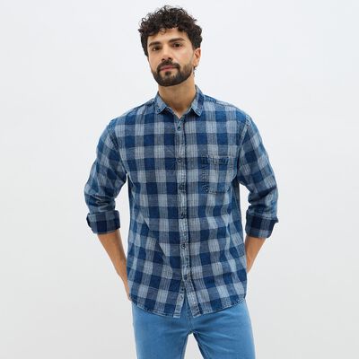 Men's Deep Denim Blue Cotton Full Sleeve Spread Collar Casual Shirt
