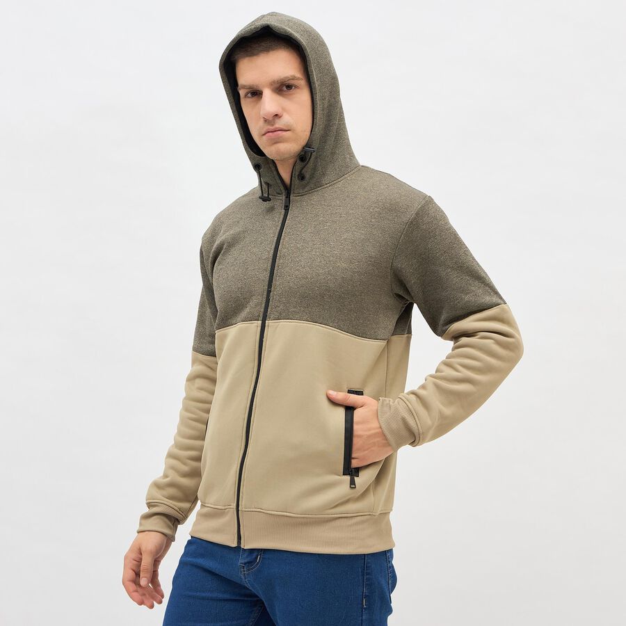 Men's Muted Olive Green and Beige Hoodie Neck Casual Sweatshirt, Beige, large image number null