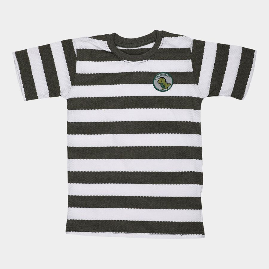 Boys' Olive Round Neck Striped T-Shirt, ओलिव, large