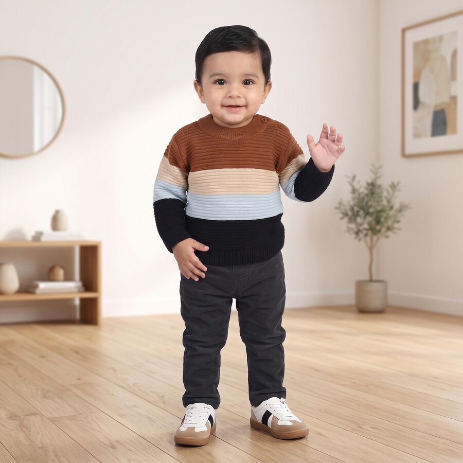 Infants' Brown Crew Neck Striped Pullover, भूरा, large