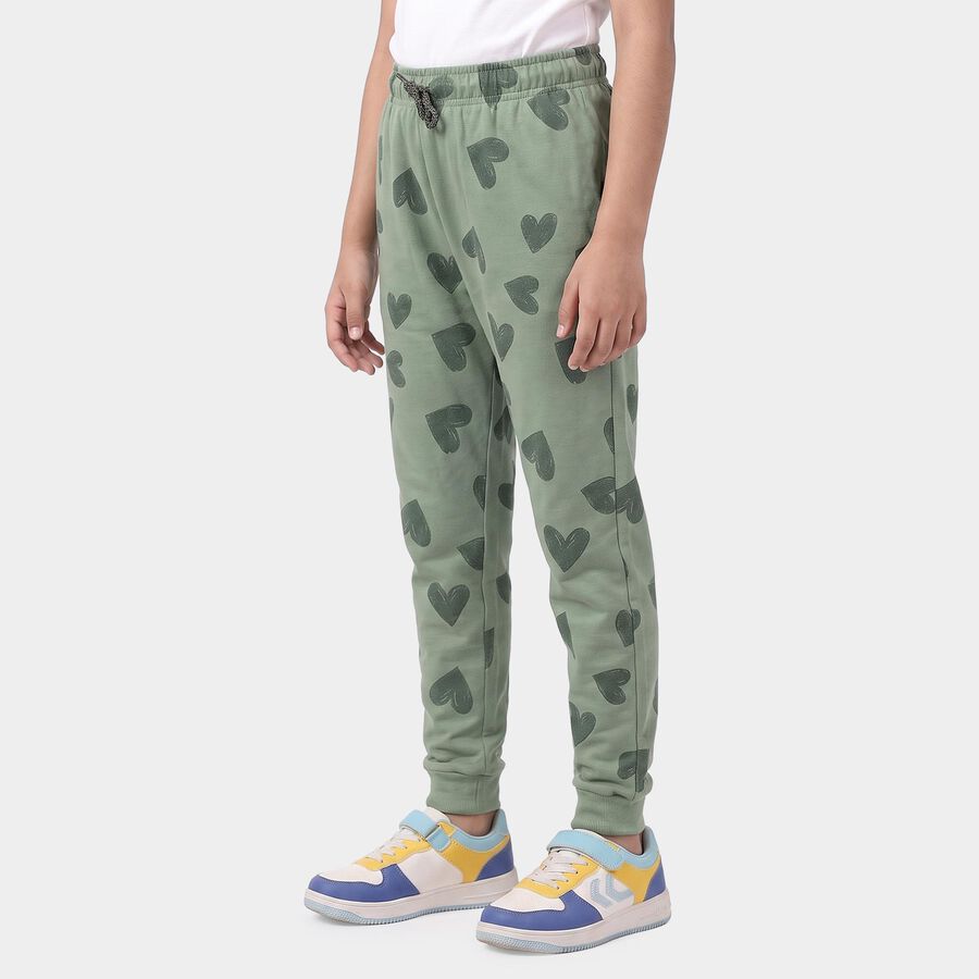 Girls' Sage Green Heart Printed Drawstring Pyjama, Light Green, large