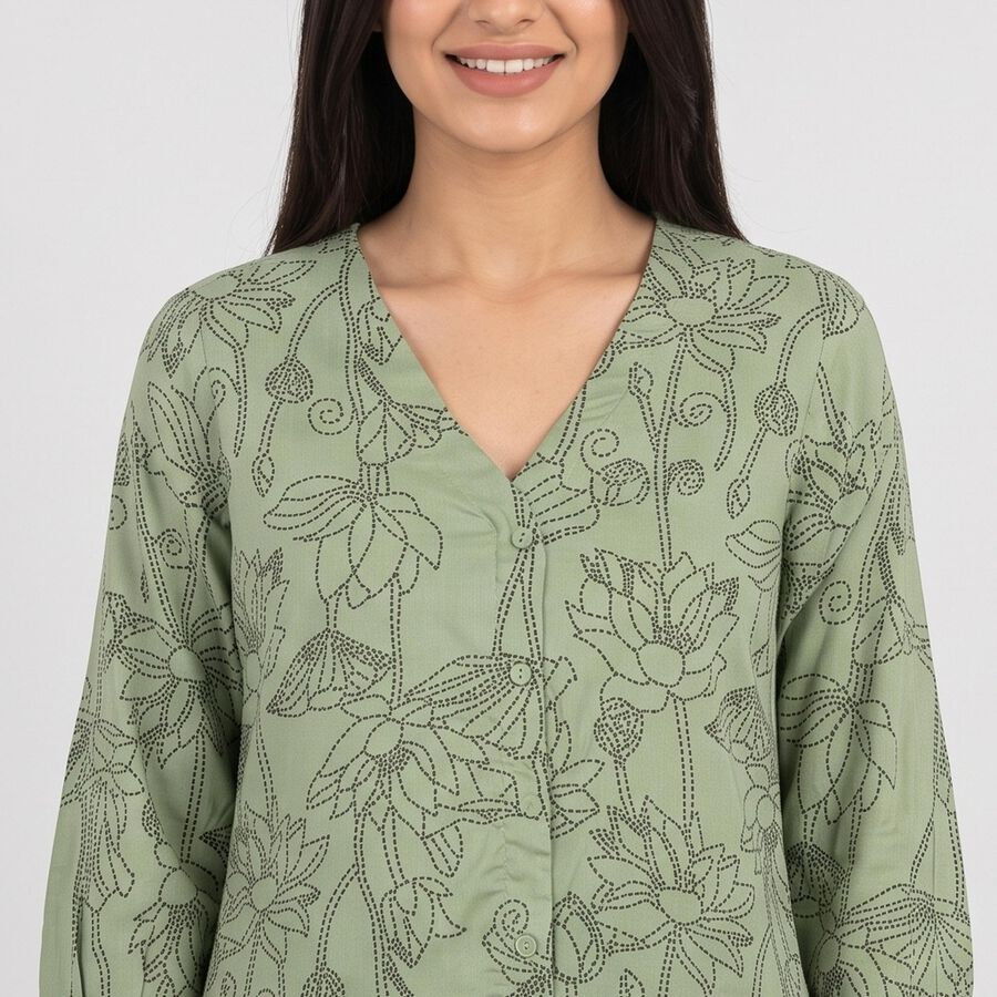 Women's Olive Green V-Neck Floral Printed Straight Kurti, ओलिव, large