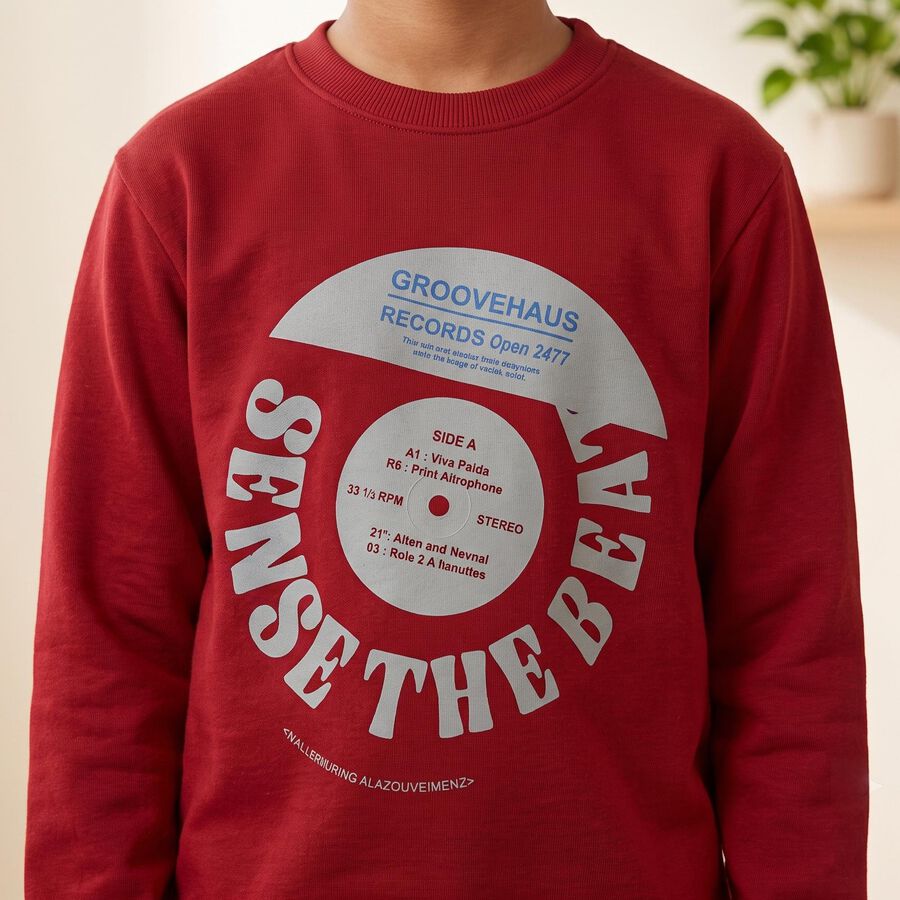 Boys' Maroon Crew Neck Graphic Print Sweatshirt, Maroon, large