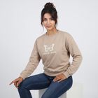 Women Beige Crew Neck Pullover Sweatshirt, Beige, small