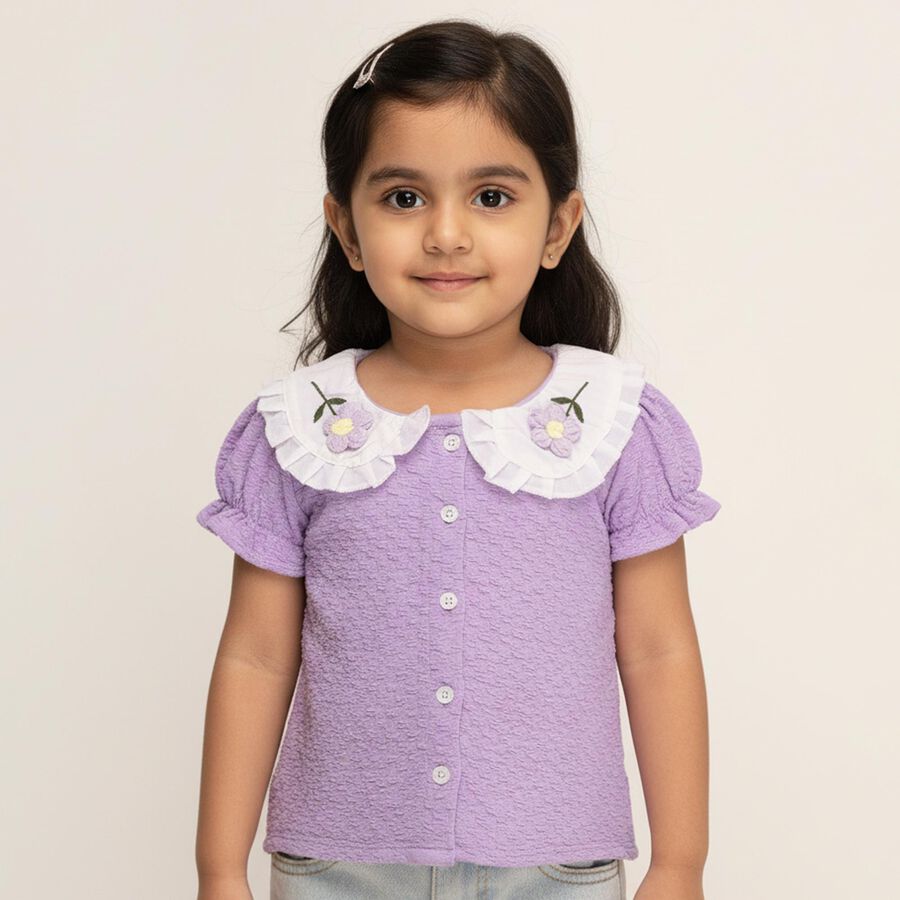 Girls' Lavender Peter Pan Collar Puff Sleeve Textured T-Shirt, Lilac, large image number null
